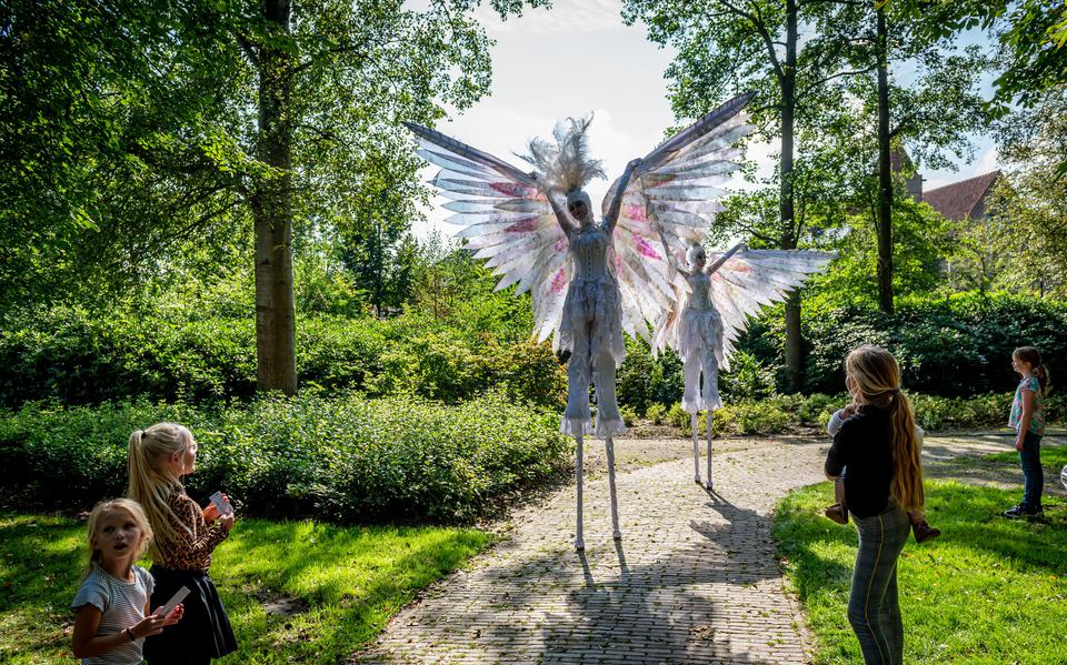 Reusachtige witte duiven schrijden door de Gouverneurstuin in Assen tijdens jeugdtheaterfestival Art of Wonder. 
