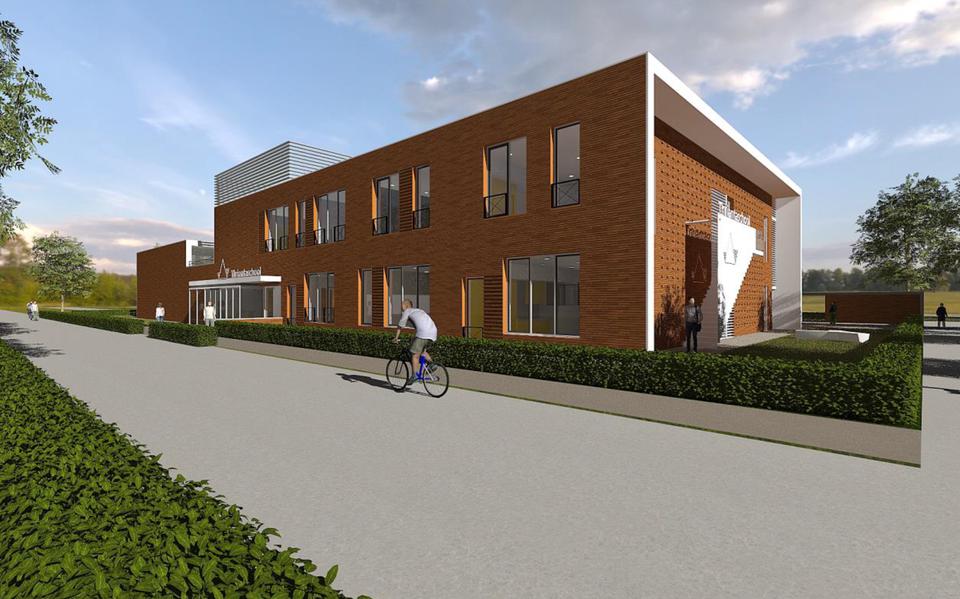 Zo gaat het nieuwe schoolgebouw nabij het Emmer voetbalstadion eruit zien. Medio volgend jaar wordt het pand opgeleverd.