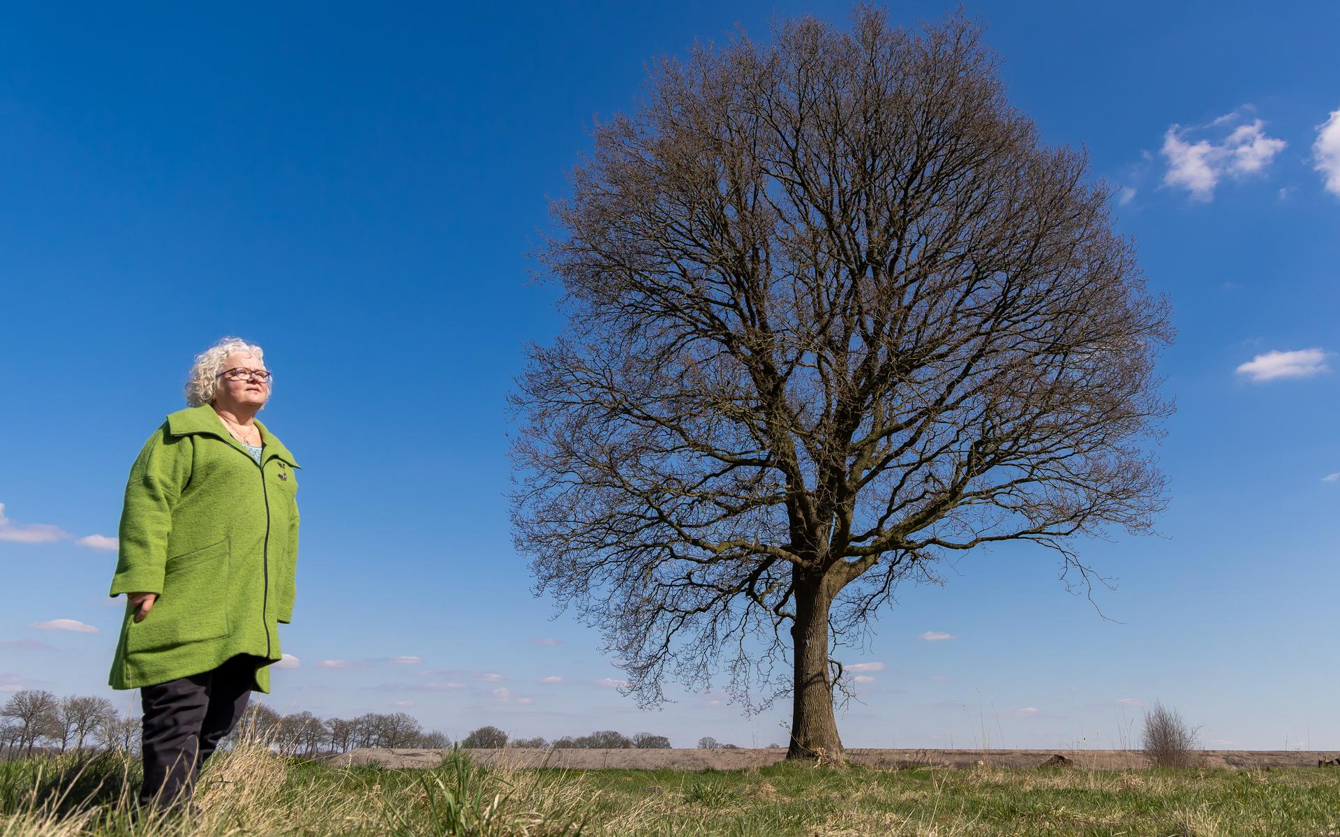 Alie Kroezen hoopt dat de zomereik op bedrijventerrein Riegmeer behouden kan blijven. Haar opa Wolter plantte de monumentale boom.