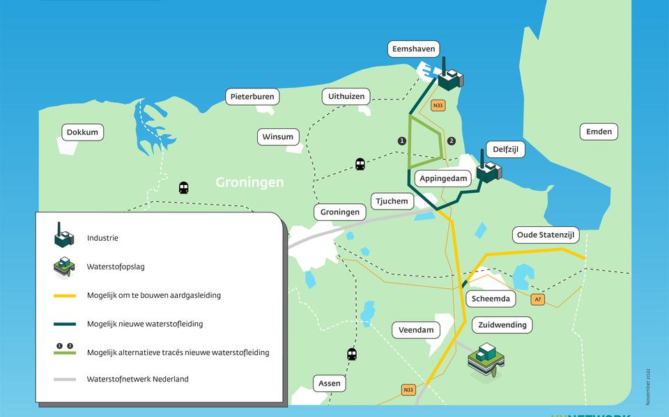 Waterstofnetwerk Noord-Nederland Noord. Illustratie: Gasunie
