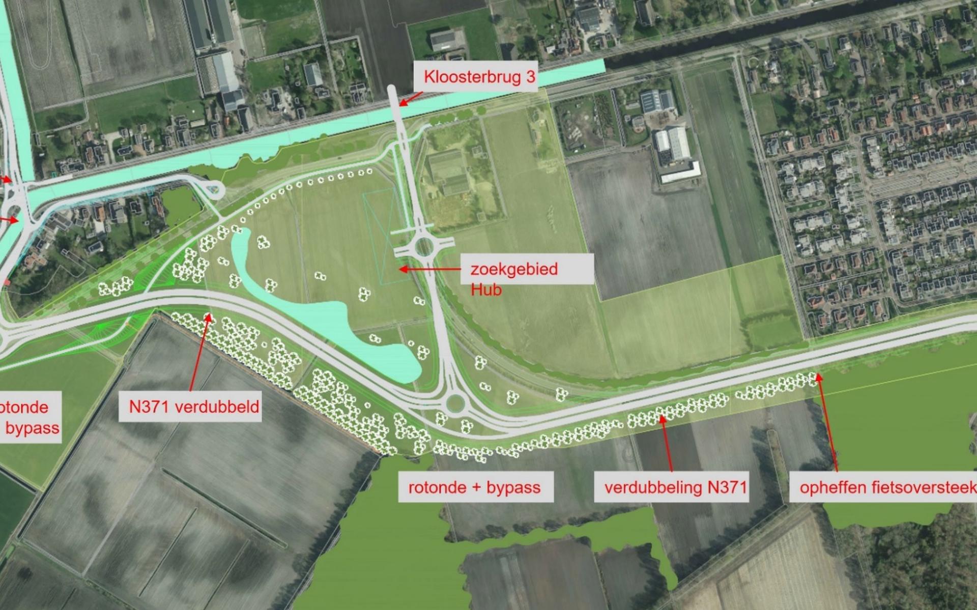 De schets van de nieuwe inrichting van de N371 tussen Bovensmilde en Kloosterveen.
