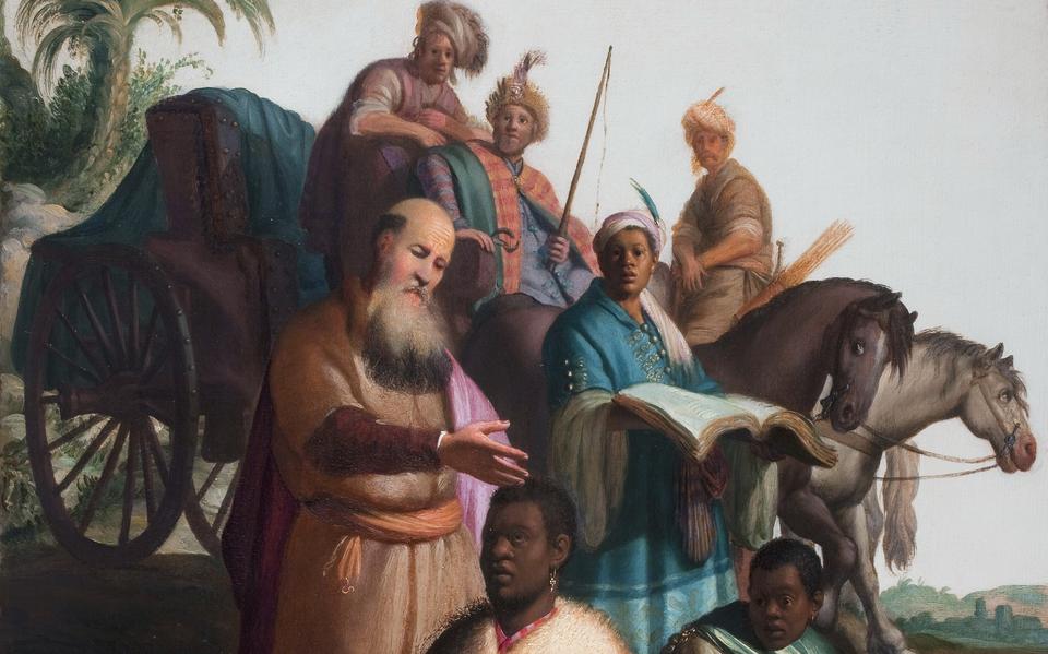 Een kleurrijke vroege Rembrandt: De doop van de man uit Ethiopië (1626).