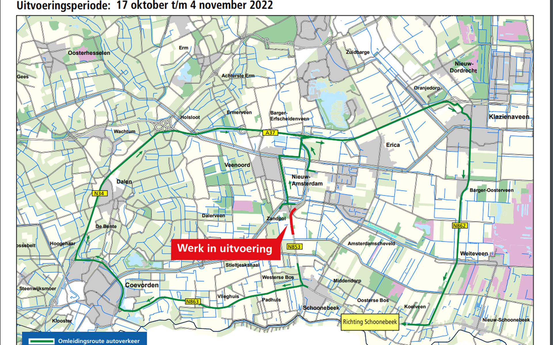 De N853 tussen Zandpol en Schoonebeek gaat komende maanden op de schop.  Lees hier hoe je het beste om kunt rijden - Dagblad van het Noorden