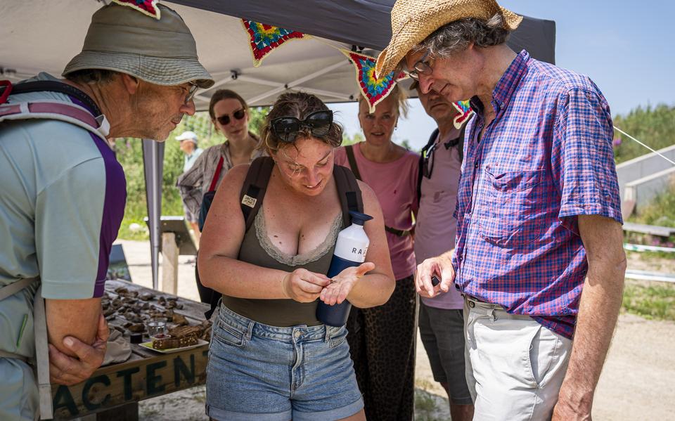 Gijsbert Boekschoten (met hoed) bekijkt de vondst van een bezoeker van de Dag van de Archeologie bij het Noordsche Veld.