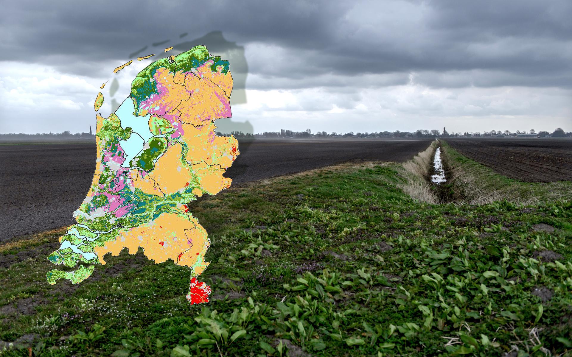 De veengrond van de Veenkoloniën tijdens een stormachtige en donkere dag. Op de achtergrond Wildervank en rechts een veenwijk, een waterloop aangelegd tijdens de veenafgraving. Inzet: een kaart met in het roze de veengronden.