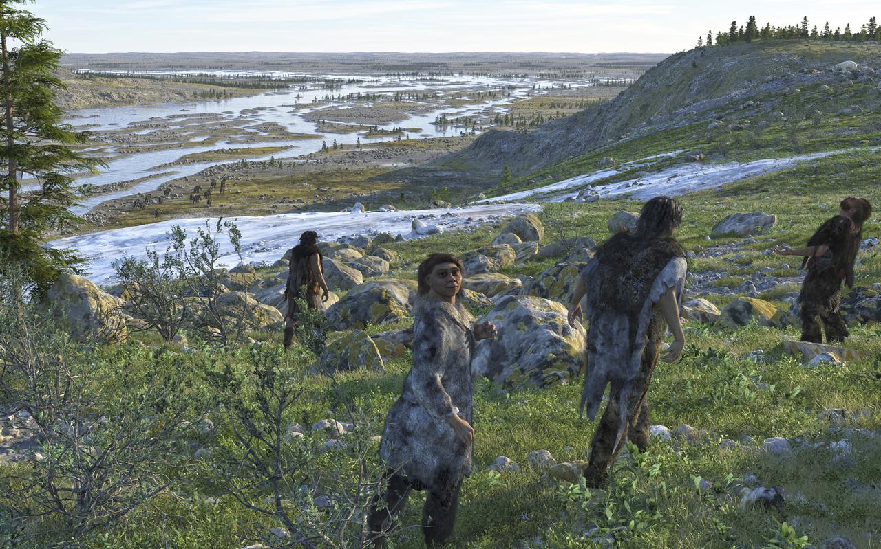Een groep neanderthalers op zoek naar jachtwild in een dal in Drenthe. De Drentse kunstenaar Ulco Glimmerveen maakte voor het boek 'Van neanderthaler tot rendierjager' verschillende reconstructie-tekeningen.