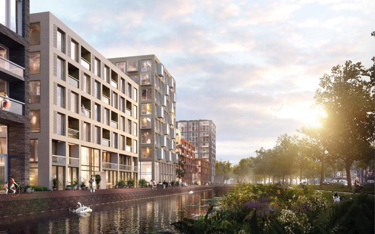 Een schets van de wijk Stadshavens aan de kant van het Damsterdiep. Het kanaal komt daarop als vijver terug, met een kade langs de flats en een groene oever aan de straatkant. Daar komen bredere fietspaden. Een schets van de wijk Stadshavens aan de kant van het Damsterdiep. Het kanaal komt daarop als vijver terug, met een kade langs de flats en een groene oever aan de straatkant. Daar komen bredere fietspaden.