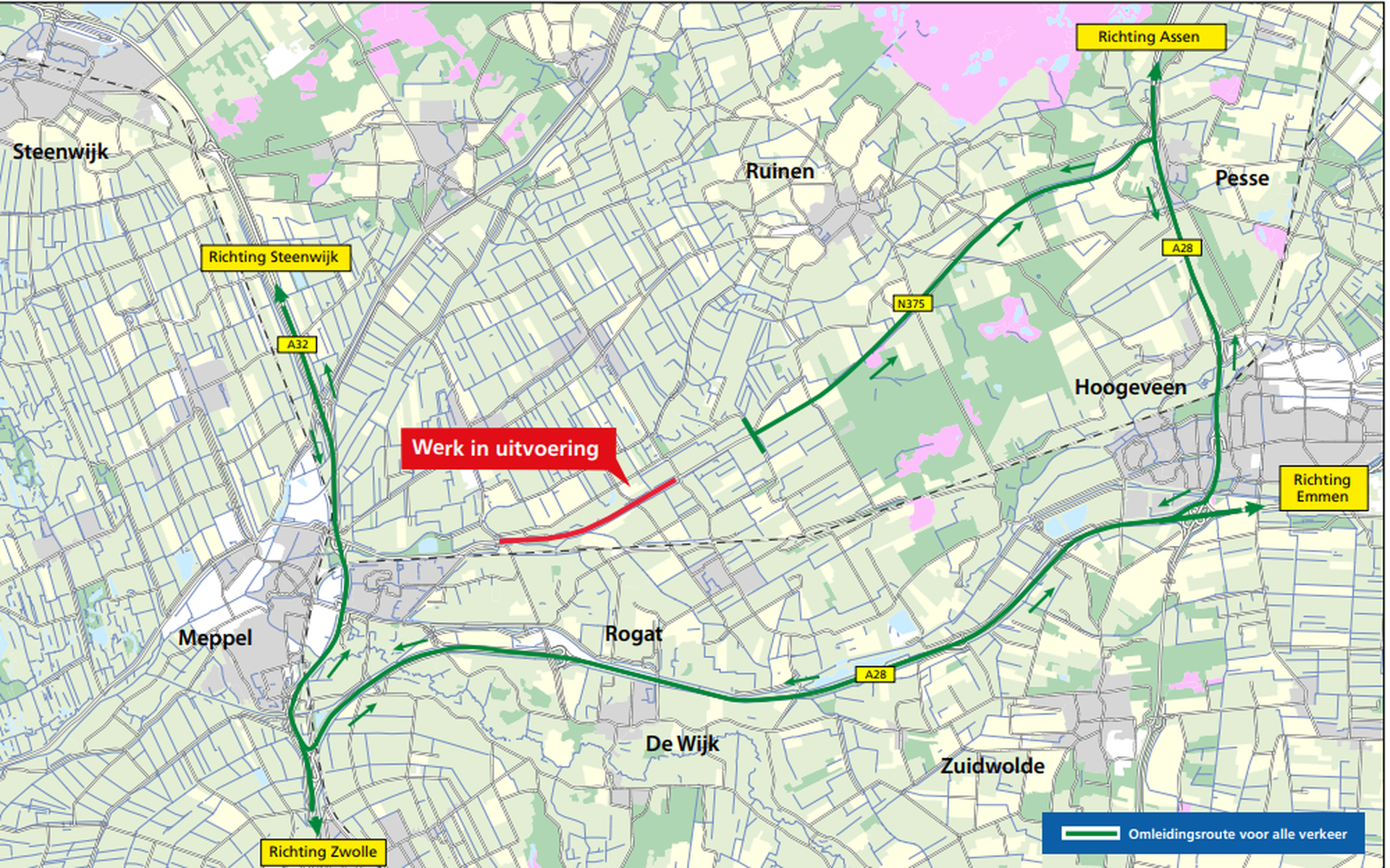 De eerste drie weken van mei worden er wegwerkzaamheden uitgevoerd aan de N375 tussen Pesse en Meppel-Noord.