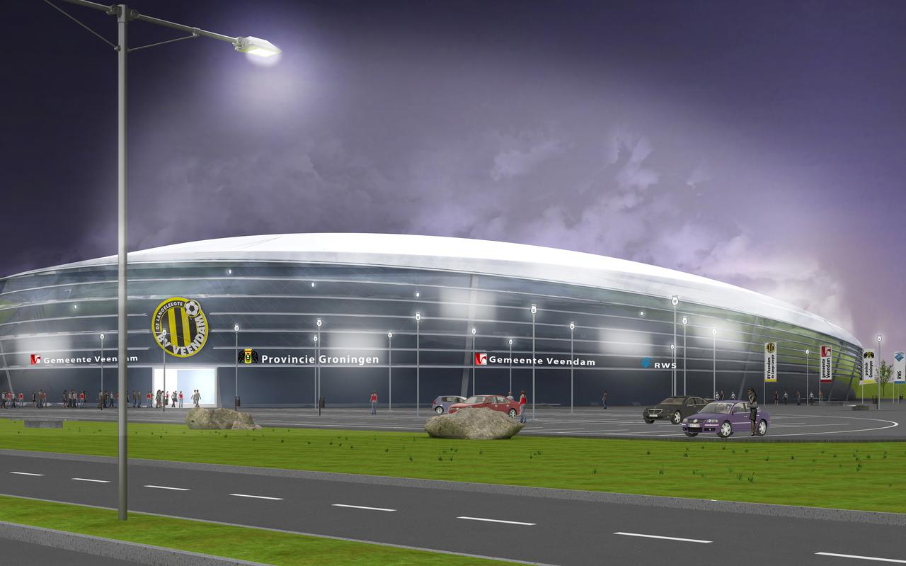 Een digitaal beeld van het roemruchte Bananenstadion in Veendam, een revolultionaire voetbaltempel die nooit gebouwd werd.