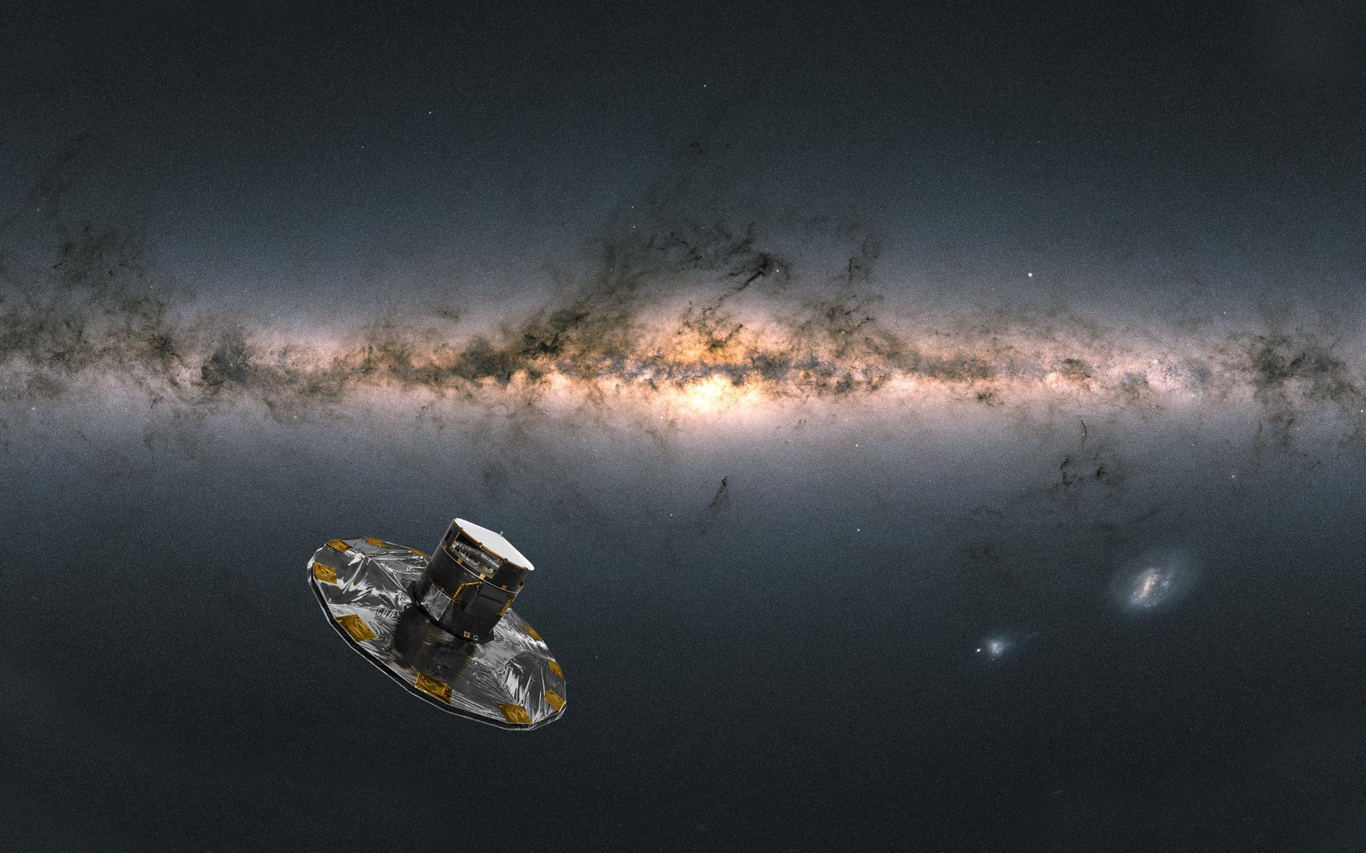 Een artist impression van ESA's Gaia satelliet die de Melkweg observeert. 