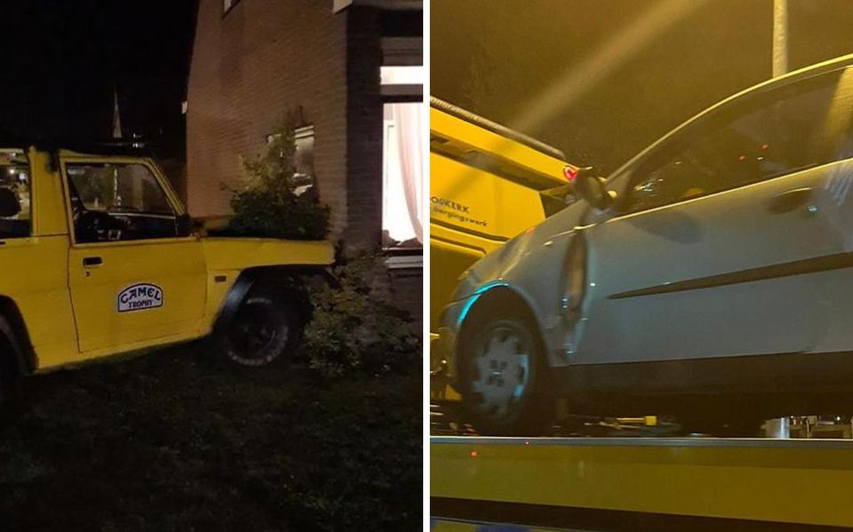 Beide gehavende auto's. Links de gestolen terreinwagen in Zuidbroek, rechts het voertuig betrokken bij het incident bij café Boone in Groningen.