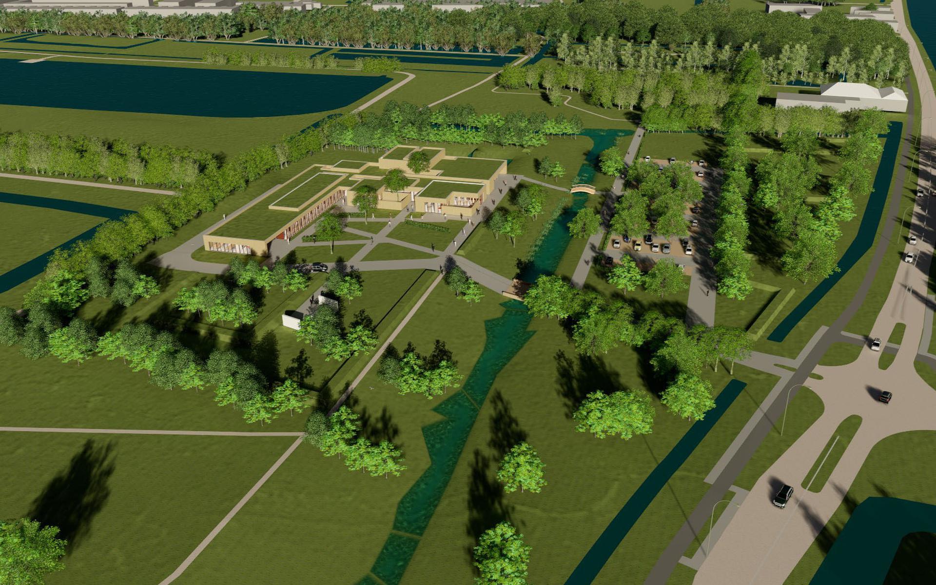 Voorlopig ontwerp uit 2014 van het crematorium dat DELA wil bouwen tussen het Hoendiep en het Westpark. 