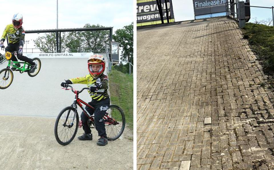 Foto: Links de startheuvel van de BMX-baan zoals die in 2016 werd opgeleverd, rechts de staat van de startheuvel nu.