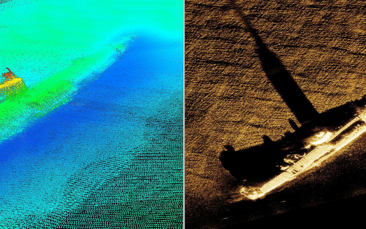 Twee verschillende soorten scans laten zien hoe de duikboot UB61 op de bodem van de Noordzee ligt.