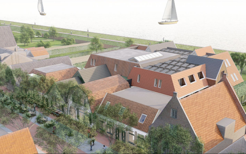 Vogelvlucht-perspectief van het inmiddels aangepaste ontwerp van de nieuwbouw van hotel De Wadden. 